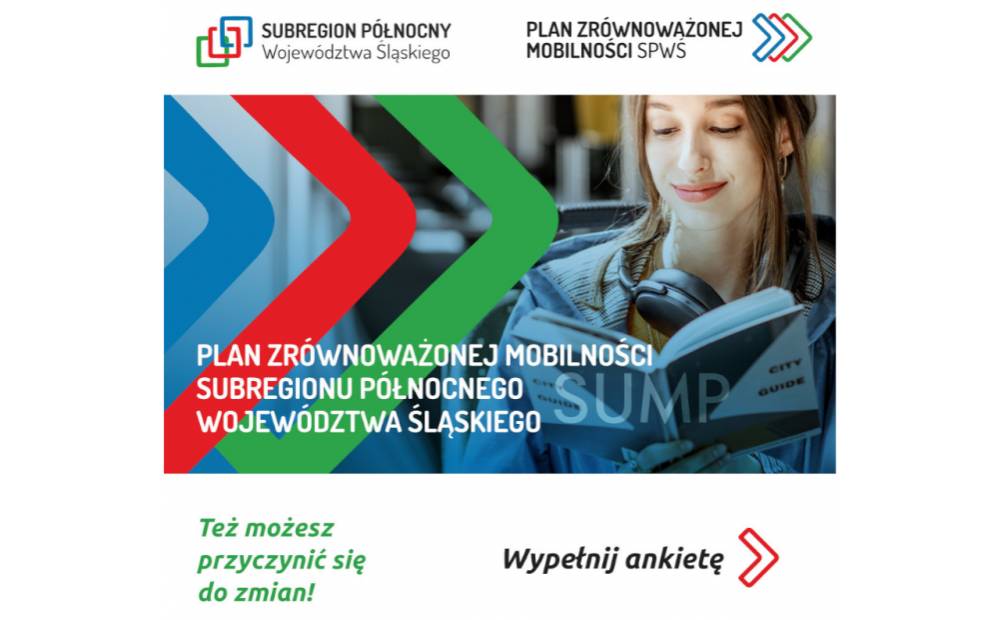 Baner zachęcający do wypełnienia ankiety dotyczącej Planu Zrównoważonej Mobilności dla Subregionu Północnego Województwa Śląskiego.