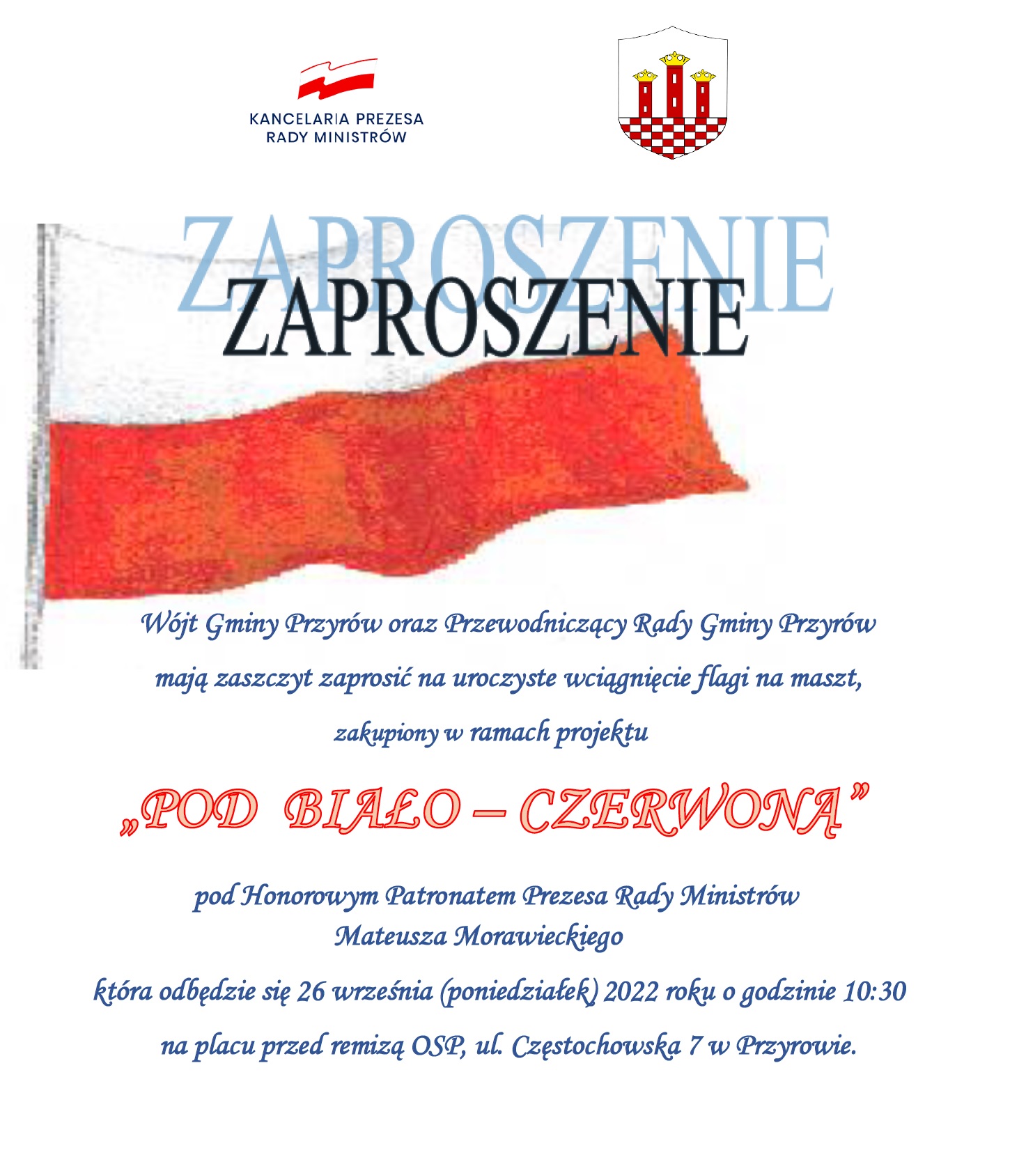Zaproszenie na uroczyste wciągnięcie flagi na maszt zakupiony w ramach projektu „Pod biało-czerwoną”