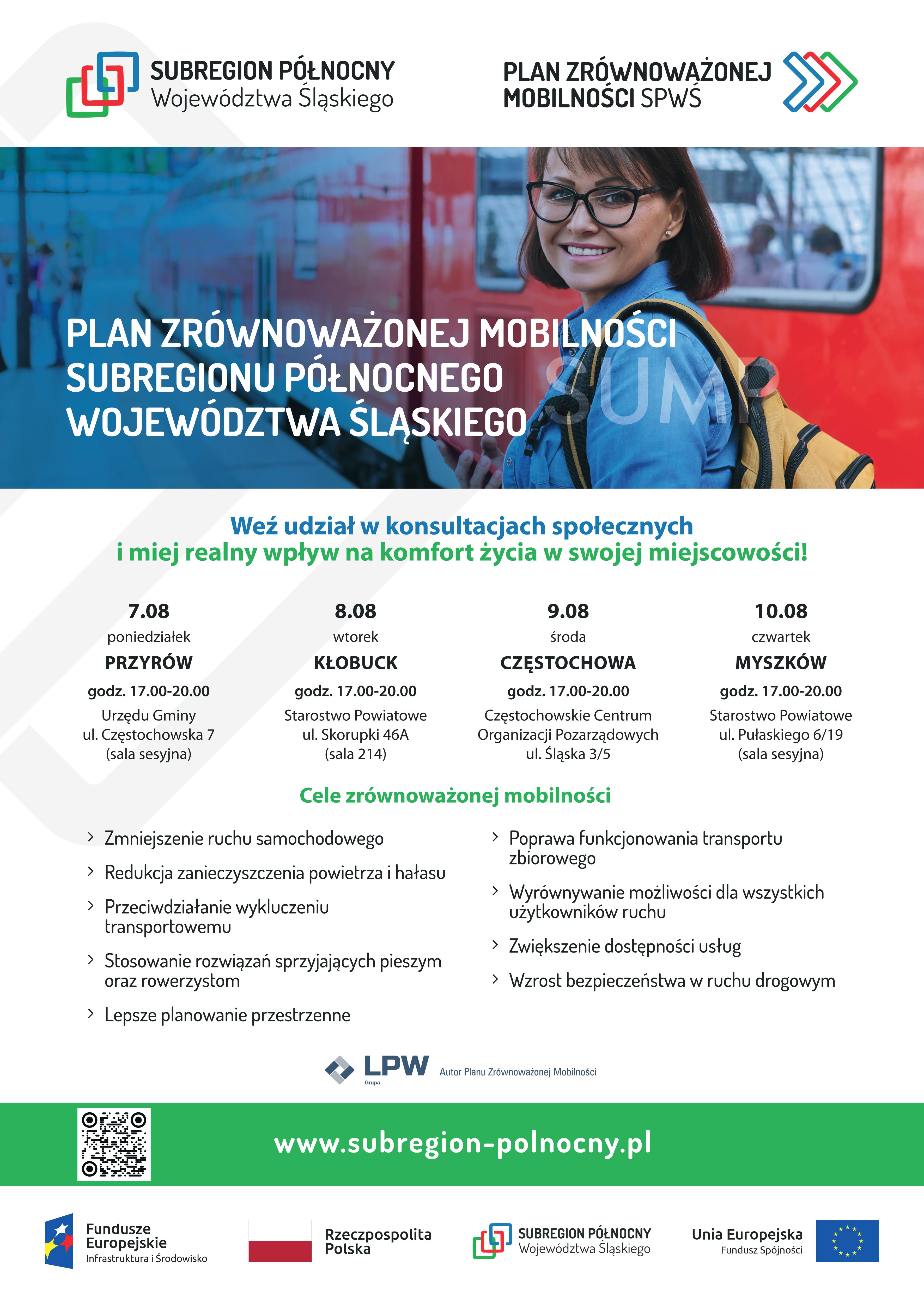 Plakat promujący konsultacje społeczne  Planu Zrównoważonej Mobilności Subregionu Północnego Województwa Śląskiego.